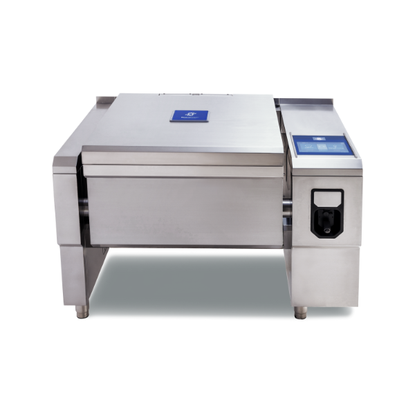 Stainless steel industrial oven with digital display on a white background