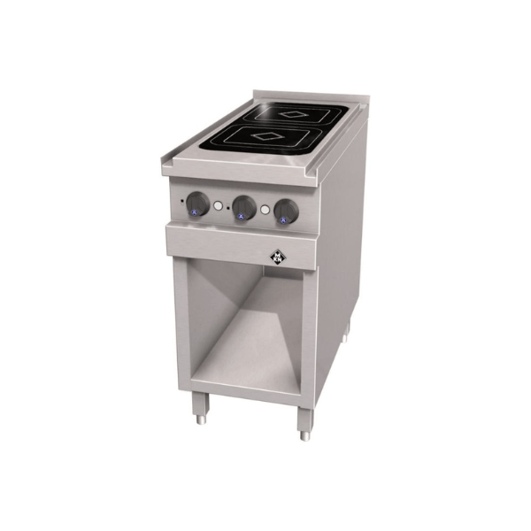 Stainless steel electric stove with four burners on a white background